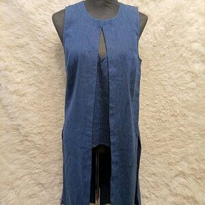 BCBG Maxazria Women's 100% Linen Long Denim Navy Blue Split Tunic Blouse XXS